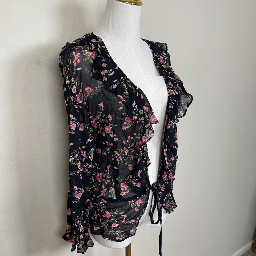 Vintage Paradise Plus Cardigan Women 1X Black Pink Floral Ruffle Tie Front Sheer - Picture 6 of 10